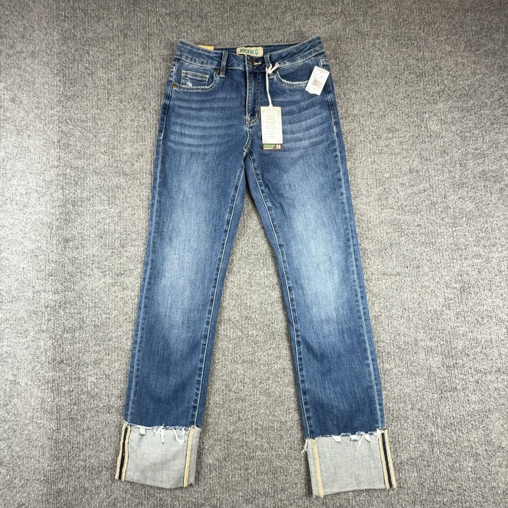 Rockin' C Jeans Womens 26x31 Medium Wash Mid Rise Straight Distressed Raw Hem